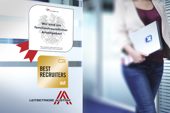 Aufstellung diverser Logos auf einer Tafel und eine weibliche Person gehend im Hintergrund mit Dokumenten im Arm