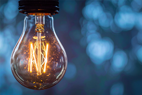 Light bulb with white N and blue background